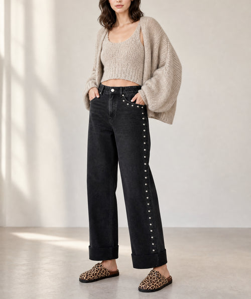 Black Studded Detail Straight Leg Casual Loose Jeans