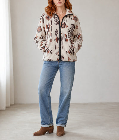 Beige Geometric Print Long Sleeve Shirt Collar Zip-up Placket Binding Tape Jacket