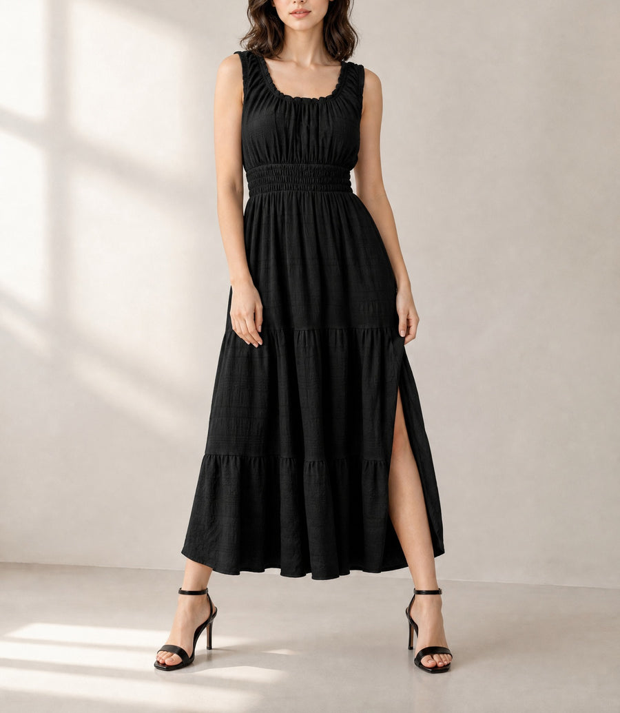 Black Shirred Pleated Square Neck Sleeveless Midi Dress