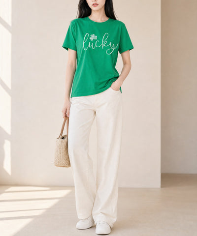 Bright Green Ceramic Rhinestone Lucky Clover Graphic Tee
