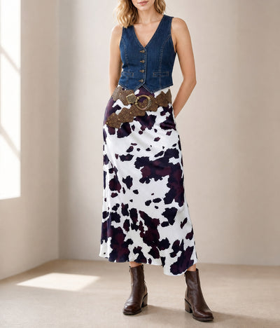 Brown Abstract Print Western Long Metal Zip-Up Waist Daily Wear Skirt