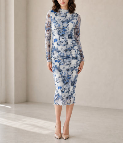 Sky Blue Floral Print Sheath Elegant Long Sleeve Dress