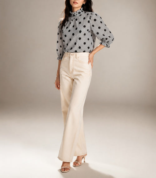 Black white Polka Dot Striped Print Ruffle Stand Neck 3/4 Sleeve Shift Shirt