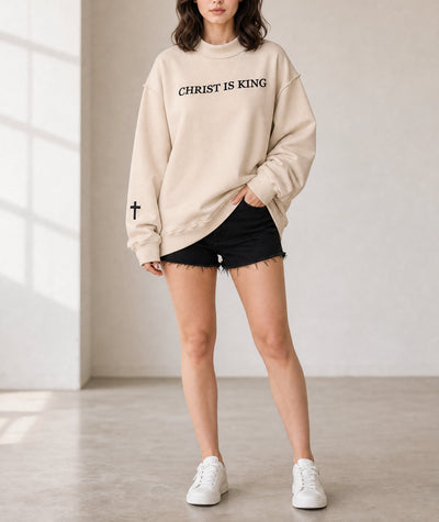 Beige CHRIST IS KING Embroidery High Neck Baggy Sweatshirt