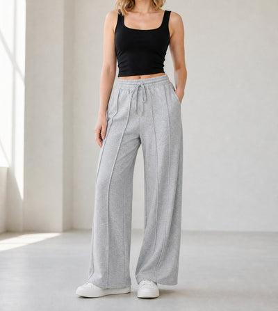 Gray Seamed Drawstring High Waist Wide Leg Sweatpants
