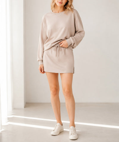 Jet Stream Solid Color Drop Shoulder Pullover Drawstring Mini Skirt 2pcs Outfit