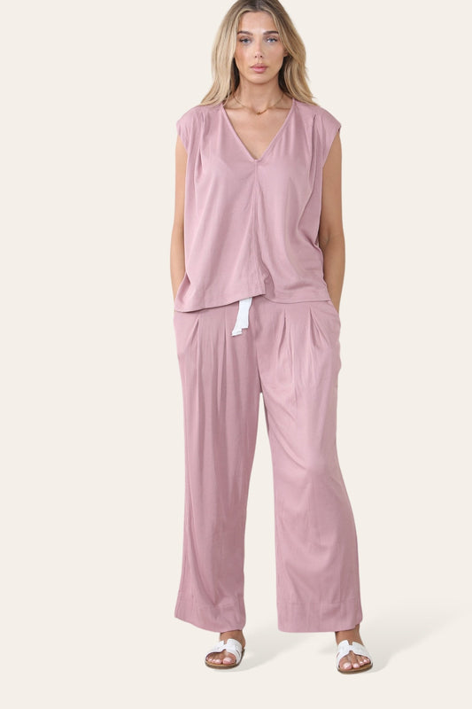 Minimalist V Neck Sleeveless Top & Drawstring Trousers Co-ord - Rose