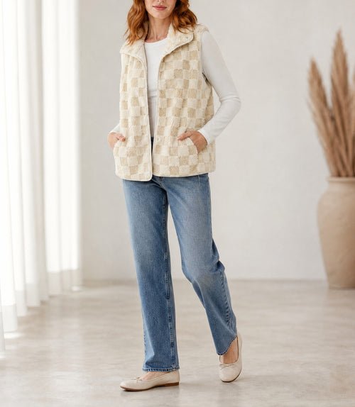 Khaki Sherpa Checkerboard Snap Button Vest Jacket With Pocket