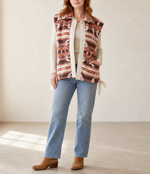 Multicolour Geometric Print Fleece Metal Button Placket Shift Silhouette Vest