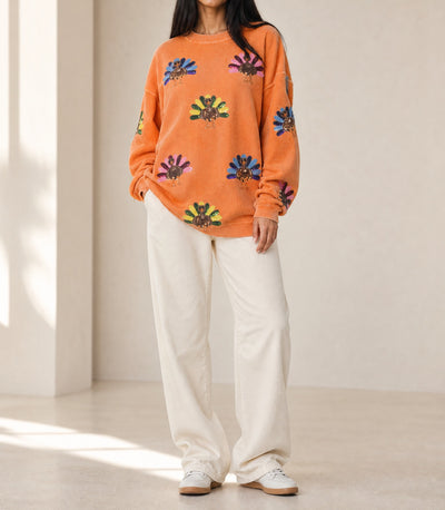 Orange Turkey Graphic Corded Baggy Sweatshirt
