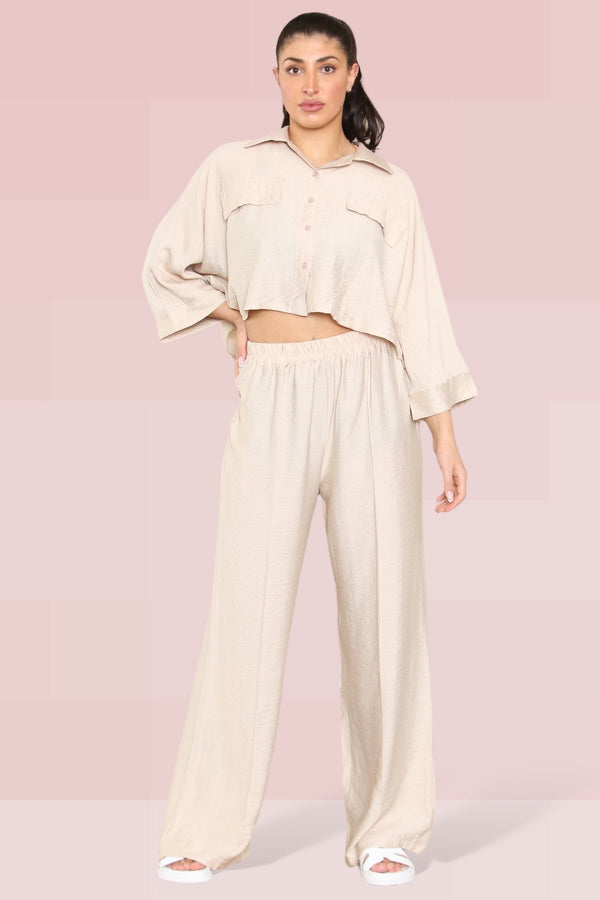 Versatile Long Sleeve Button Crop Shirt & Loose Trousers Co-ord - Beige