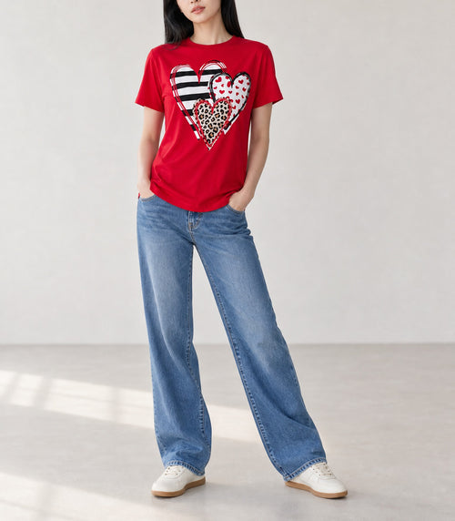 Red Leopard Striped Heart Shaped Print Crew Neck T Shirt