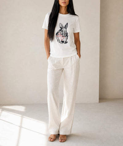 White Bunny Embroidered Bow Graphic Tee