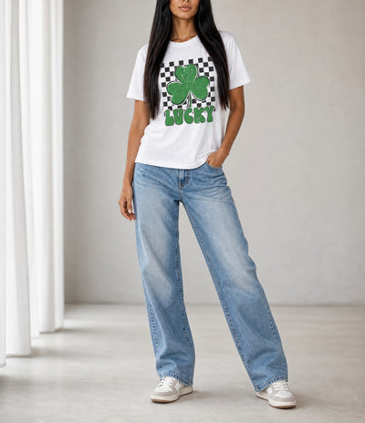 White Checker LUCKY Clover Printed St Patricks T Shirt