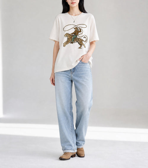 White Leopard Rodeo Cowboy Graphic Casual Tee