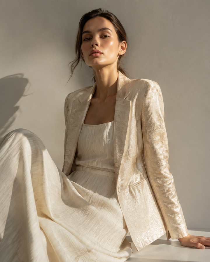 Woman in a mycelium-leather-look blazer and regenerative-cotton dress, mushroom and cream tones