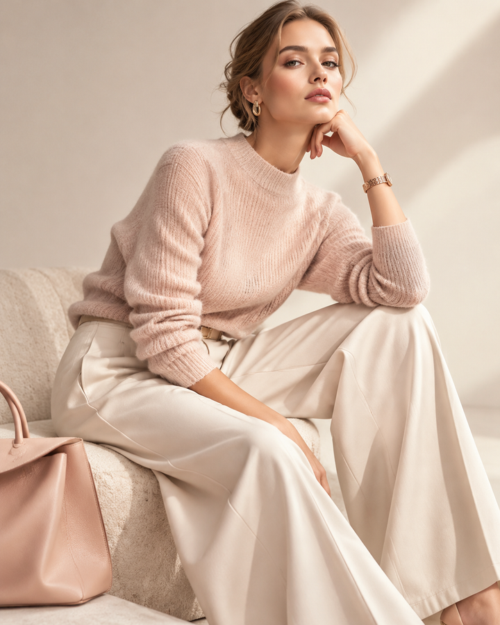 Rose-gold and cream women's fashion editorial, fiber and origin, detail