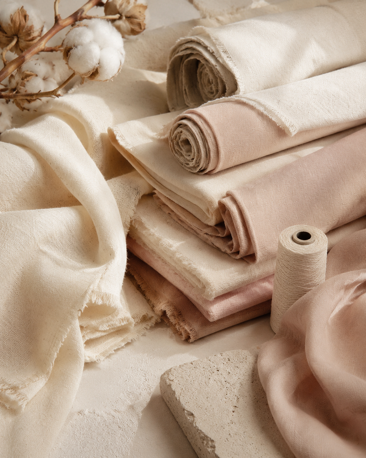 Rolls and folded swatches of natural cream, oat and blush fabric with a spool of recycled thread in soft light