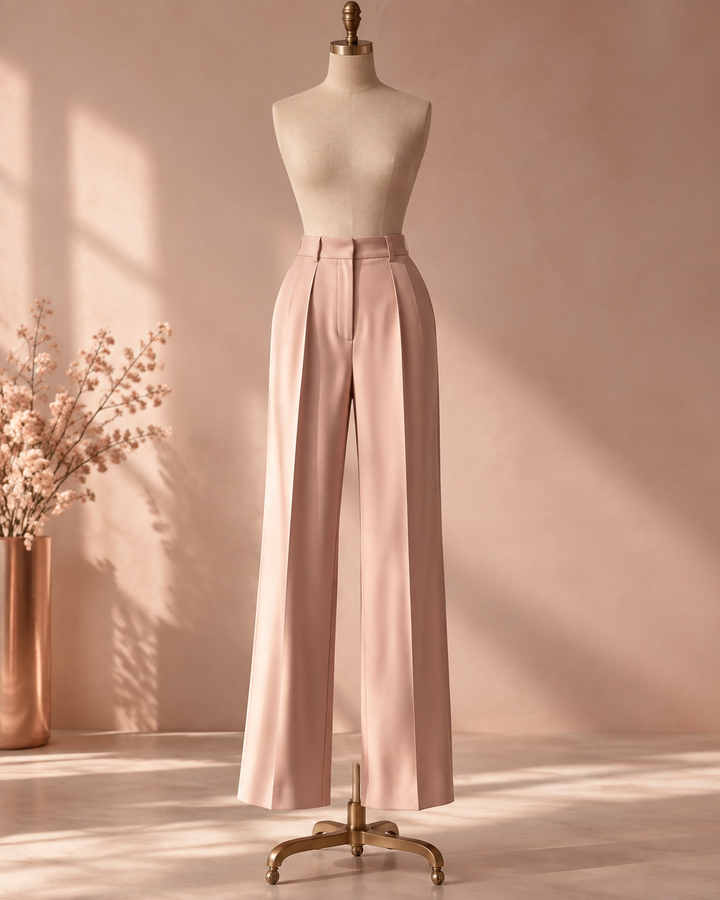 Rose-gold and blush editorial of tailored womens trousers on a dress form, fit confidence womenswear