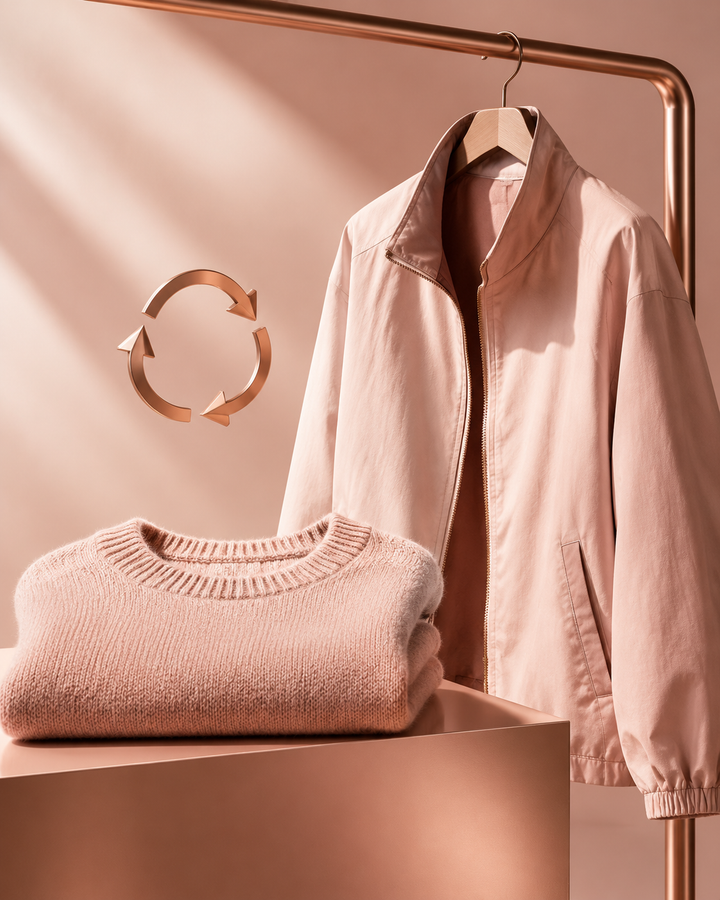Rose-gold editorial of a neatly folded sweater and a hanging jacket on a rail with a small circular-loop recycle motif, representing brand-led resale programs