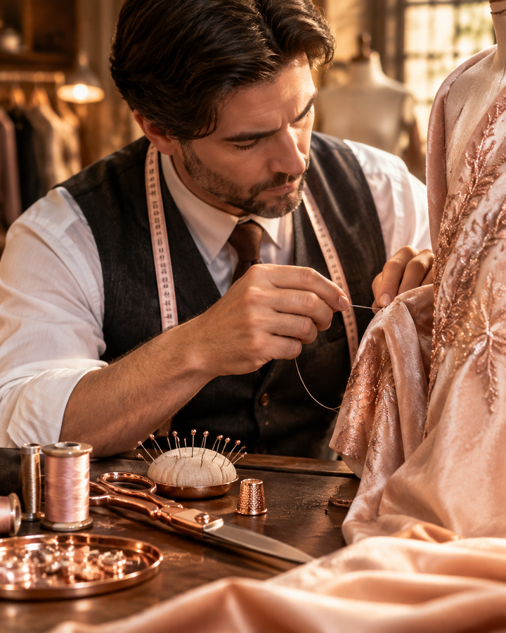 Editorial of a tailor repairing a garment with rose-gold sewing tools, warm craftsmanship light