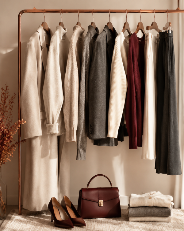 Autumn capsule wardrobe on a rose-gold rail in oatmeal, charcoal and cream with a wine-red accent