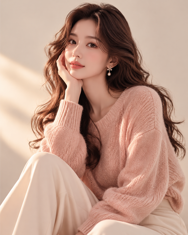 Rose-gold and cream women's fashion editorial, social commerce, smartphone in hand