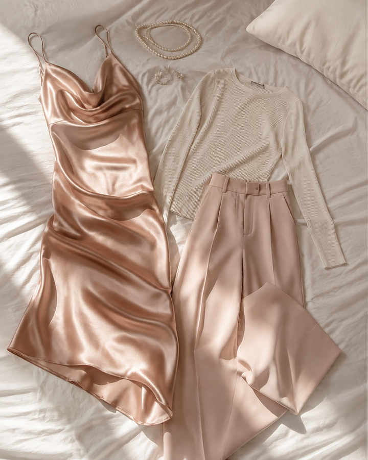 Rose-gold slip dress, cream knit and blush trousers laid flat with pearl accessories, capsule wardrobe editorial