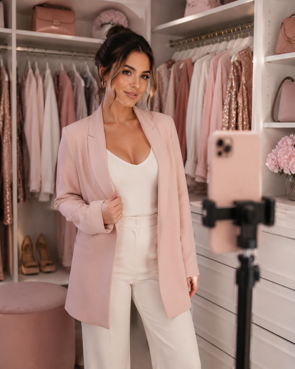 Content creator filming an outfit video in a walk-in closet with blush and rose-gold wardrobe