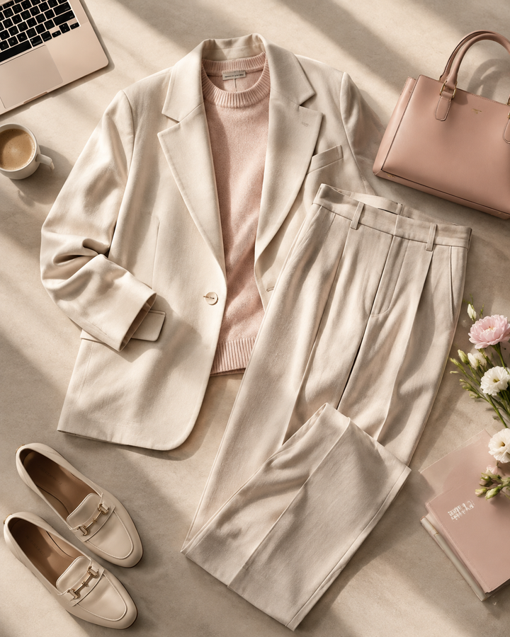 Hybrid work outfit flat-lay, relaxed blazer over soft knit and tailored trousers, cream and blush tones