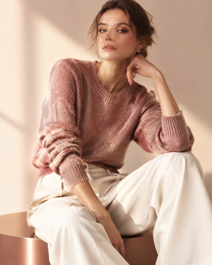 Editorial autumn fashion look of a woman in a rose-gold knit and cream trousers, warm cinematic light, early-fall edit