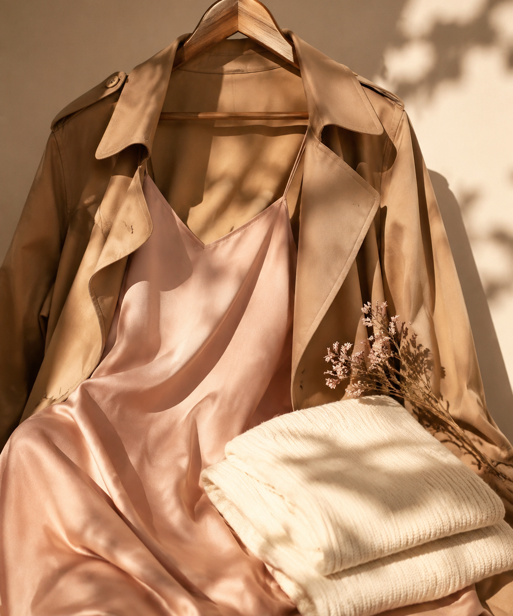 Lightweight camel trench draped over a blush slip dress with a cream knit folded beside, golden-hour light