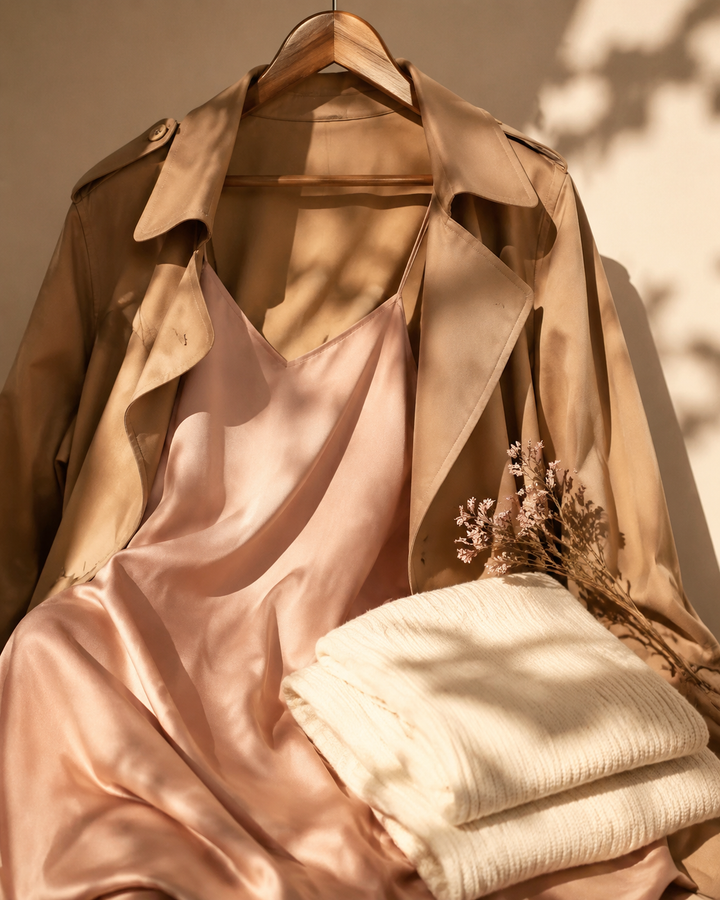 Lightweight camel trench draped over a blush slip dress with a cream knit folded beside, golden-hour light