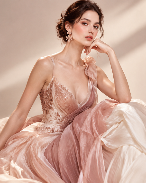 Rose-gold editorial of refined athleisure, cinematic light, clean studio background