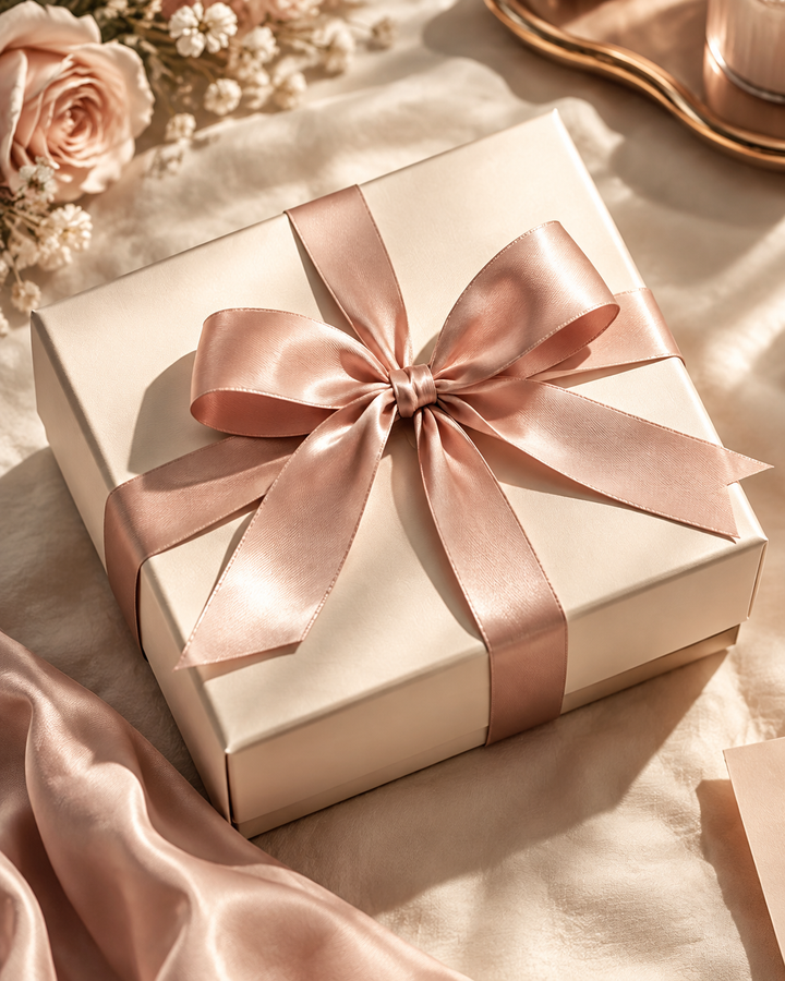 Rose-gold and cream editorial of a parcel box tied with a blush ribbon, premium unboxing delivery