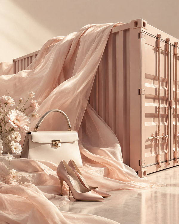 Rose-gold editorial still life of draped chiffon beside a stylized shipping container, symbolizing 2026 port congestion and Q4 fashion logistics