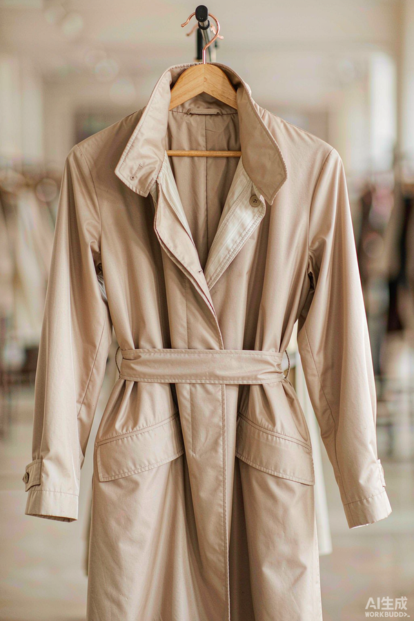 Women's beige trench coat on a wooden hanger, rose-gold cream editorial