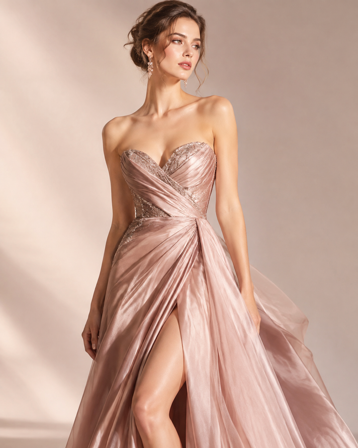 Rose-gold editorial of a woman in a chic rental evening dress, elegant pose, soft studio light