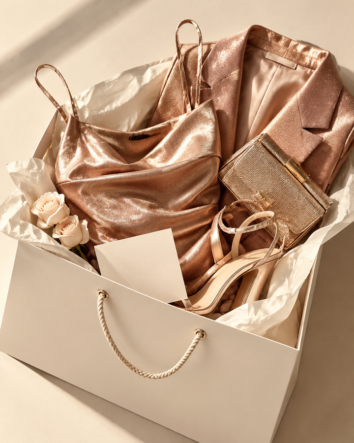Shopping bag with rose-gold womenswear garments and a card, cream editorial flat-lay