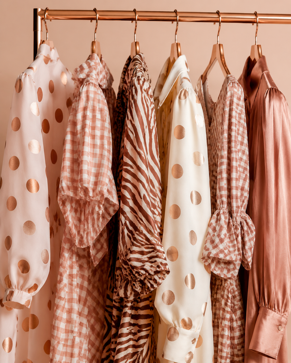 Patterned clothing with oversized polka dots, gingham checks and zebra print in rose-gold, blush and cream tones