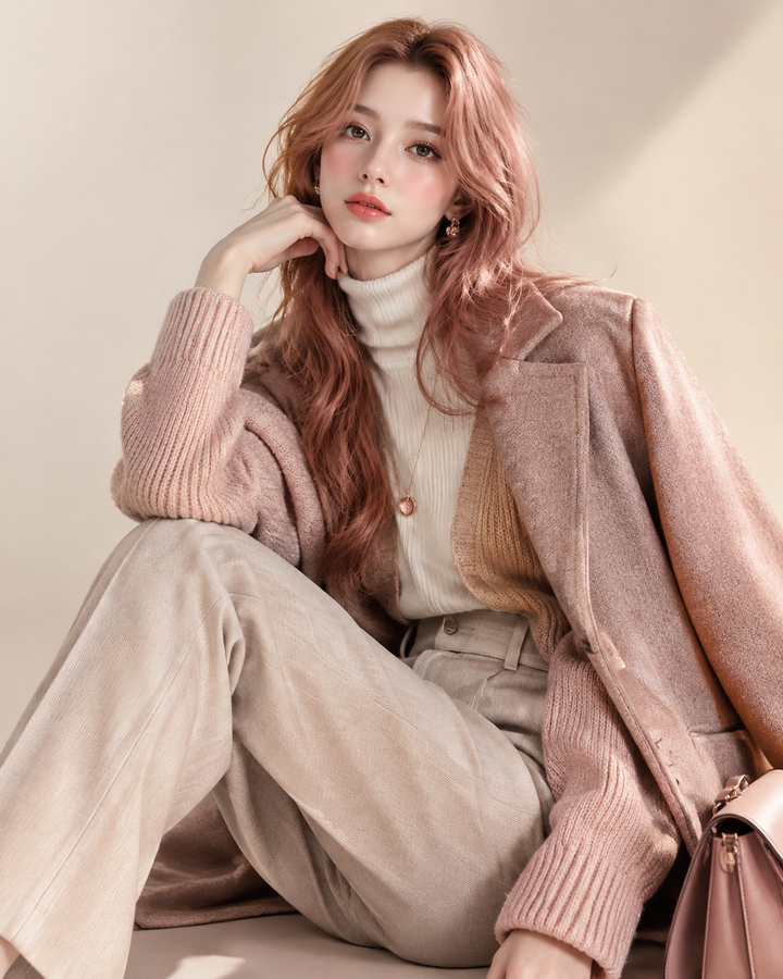 Rose-gold autumn knit and tailored trousers styled for the transitional fall edit