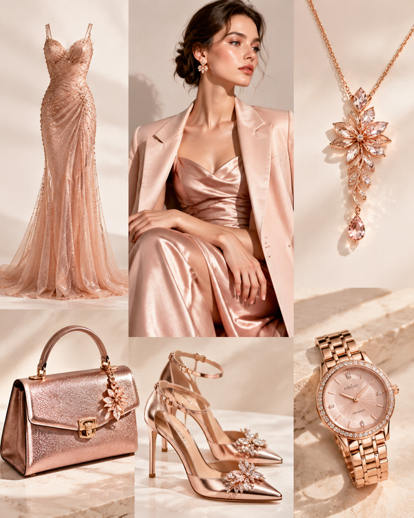 Six rose-gold 2027 forecast pieces displayed on a rail, editorial light, clean backdrop, no text