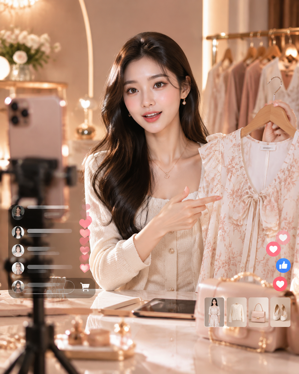 Creator presenting women's fashion on a phone with a live shopping glow, rose-gold tones
