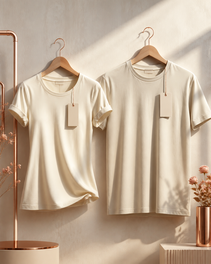 Women's and men's version of the same t-shirt side by side with price tags, pink tax gendered pricing