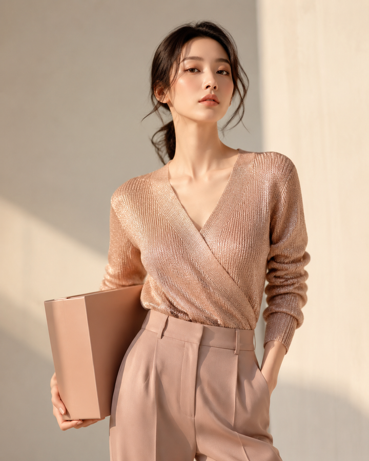 Editorial of a woman in a rose-gold knit and tailored trousers holding a branded shopping box, cream studio backdrop, cinematic light, no text