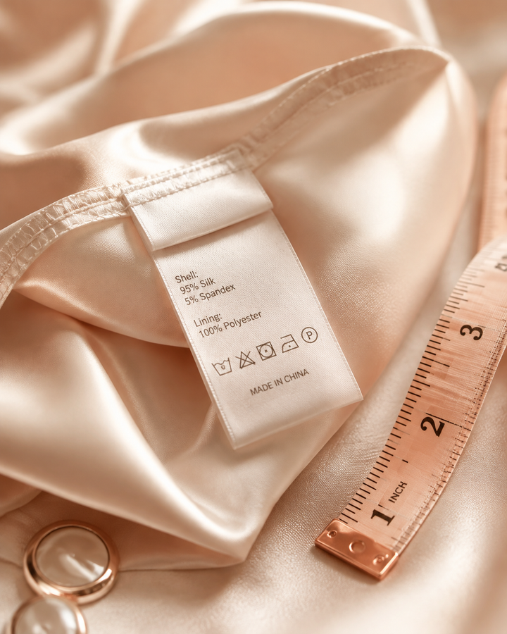 Elegant cream satin garment with a crisp fabric and care label in focus beside an inch measuring tape
