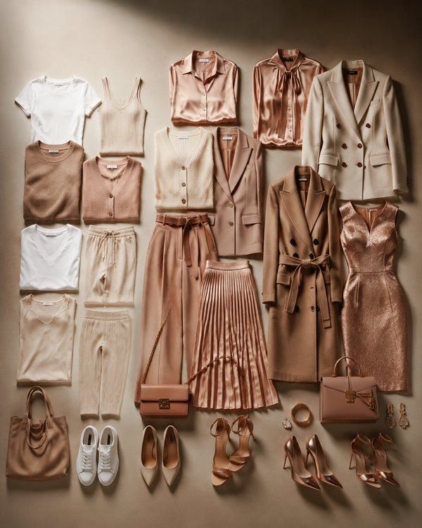 Curated flat lay of women's garments in a rose-gold and cream price-tier gradient