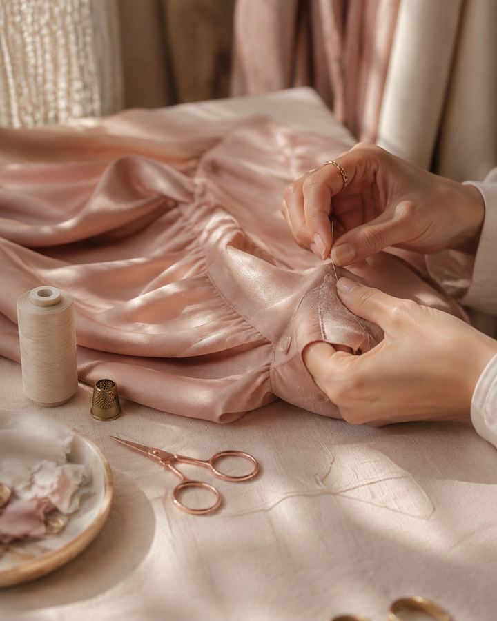 Tailor atelier still life with a blush-pink silk blouse being mended beside rose-gold needle and cream thread on warm linen