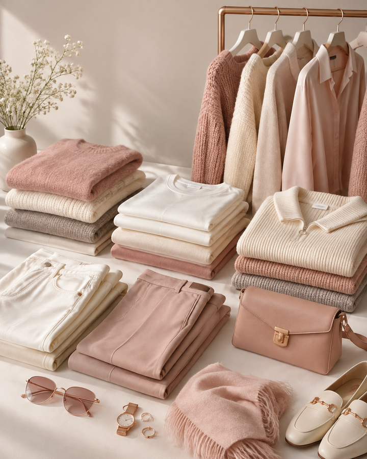 Rose-gold minimalist women's capsule wardrobe with soft basics, clean studio editorial