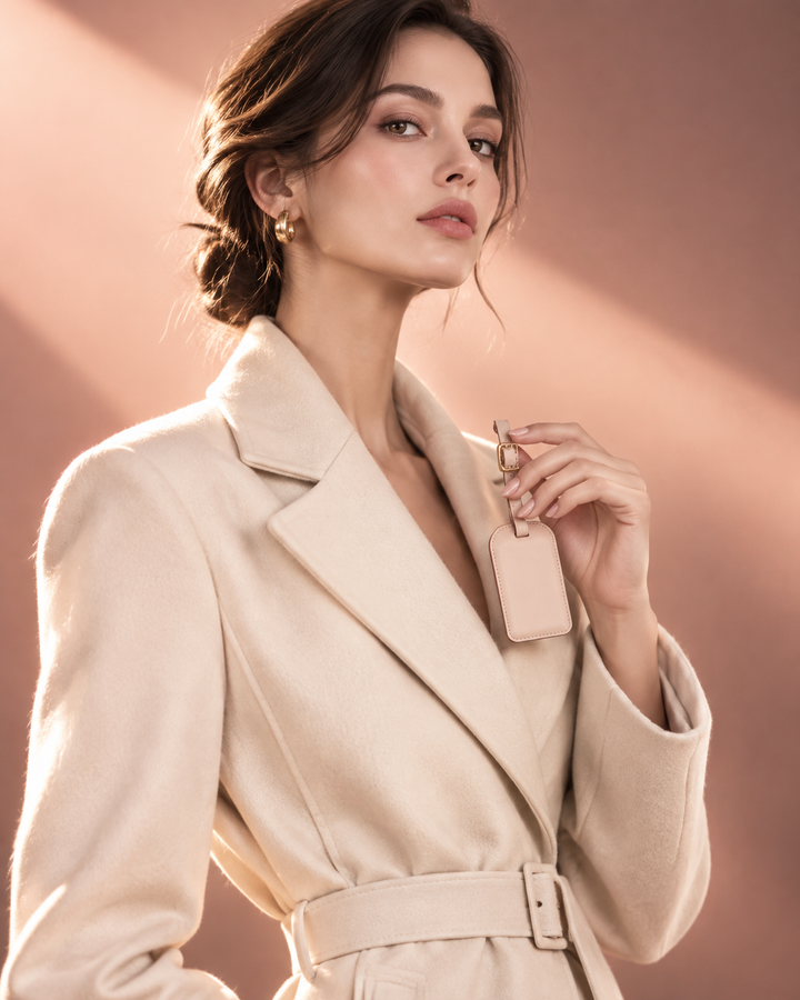 Editorial fashion image of a woman in a tailored cream coat holding a luggage tag, soft rose-gold light, symbolising shipping cost